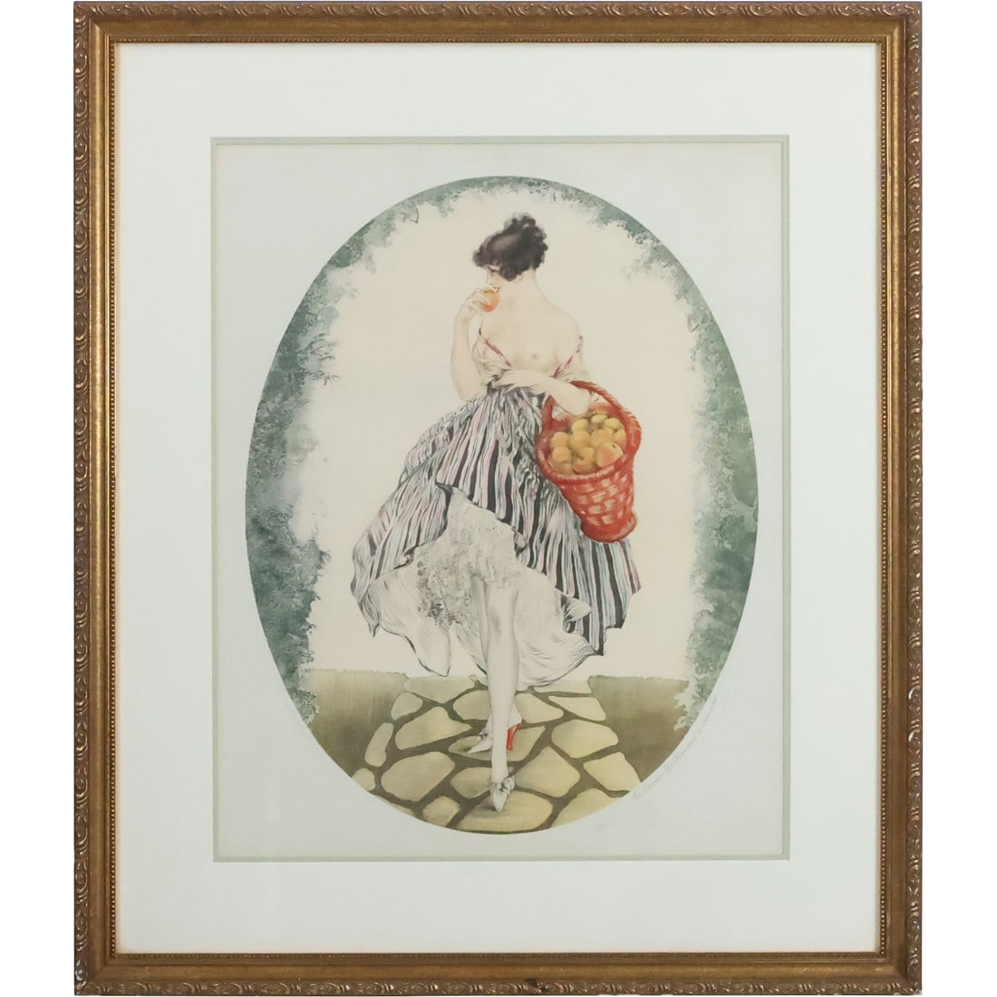Le Panier De Pommes by Louis Icart, Color Vintage Oval Print, Framed (1 of 20)