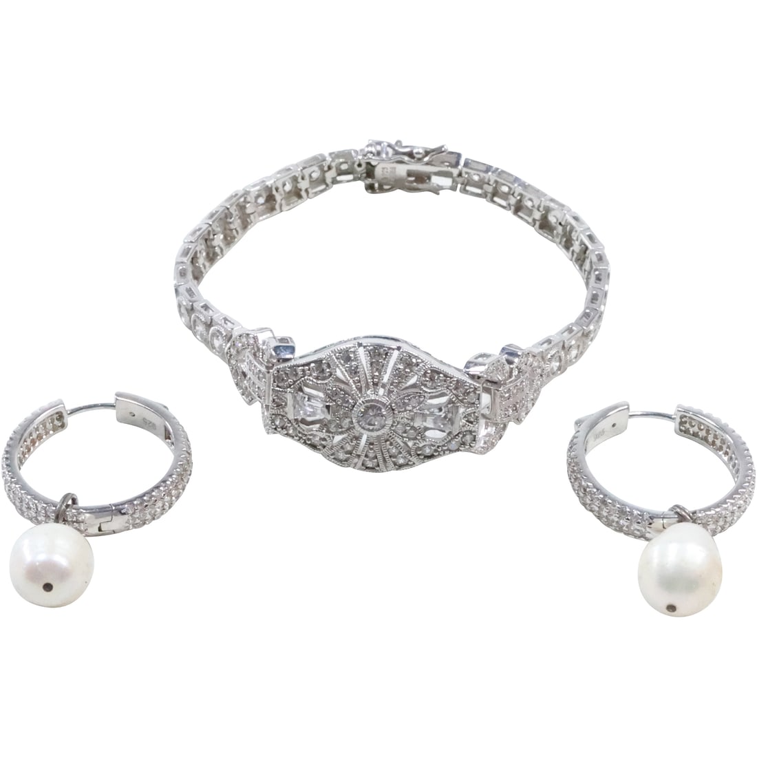 .925 Sterling Silver Stunning CZ Ballroom Bracelet; .925 CZ Genuine Cultured Pearls Hoop Earrings (1 of 20)