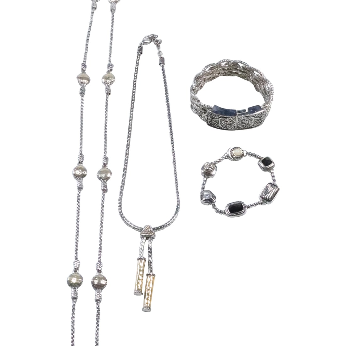 [4] Assorted Silver Tone and Gold Tone Designer Jewelry: Black Onyx , Clear CZ Silver Tone Bracelet; (1 of 20)