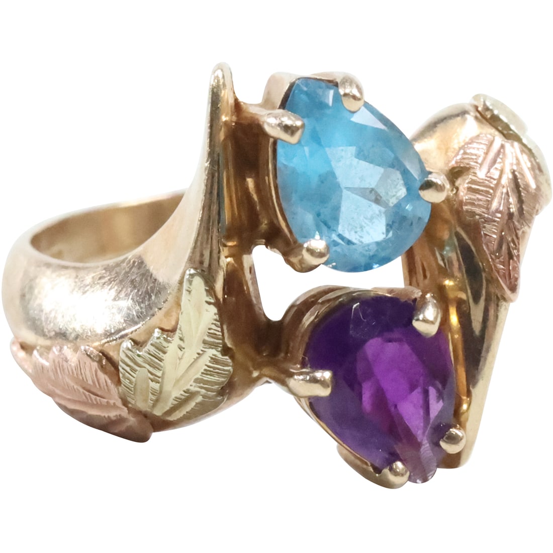 10K Gold Purple Amethyst and Blue Topaz Tri-Color Gold 1930s/40s Ring Size 8.5, 7/8 in. x 3/4 in. (1 of 14)