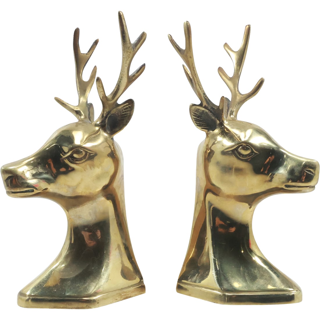 Pair Polished Brass DEER HEAD Figurative Bookends - Original Patina, 10.75 in. height x 4.25 in. (1 of 18)