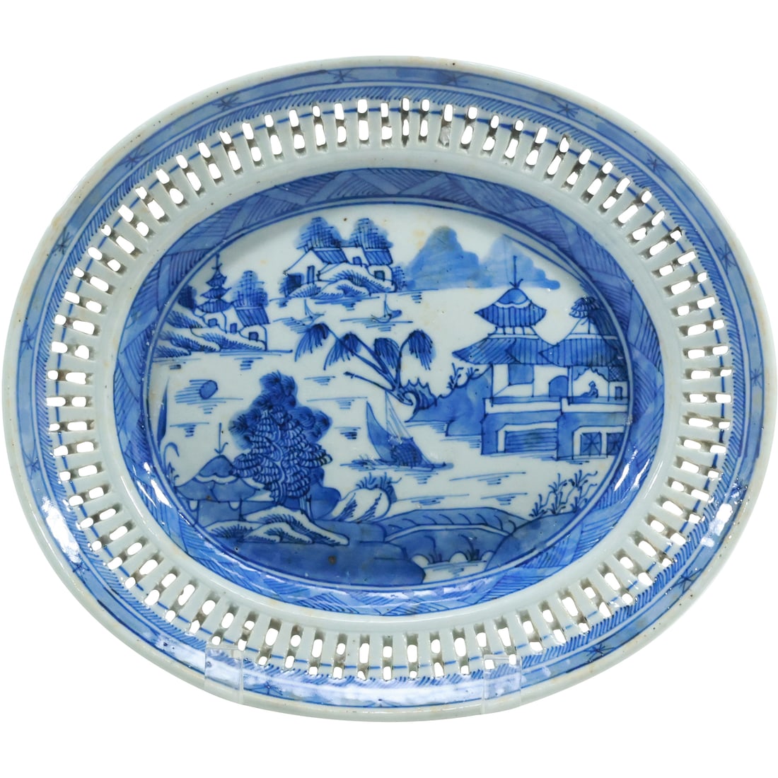19th C. CANTON Porcelain Blue and White Oval Platter with Reticulated Border 11 in. length (1 of 20)