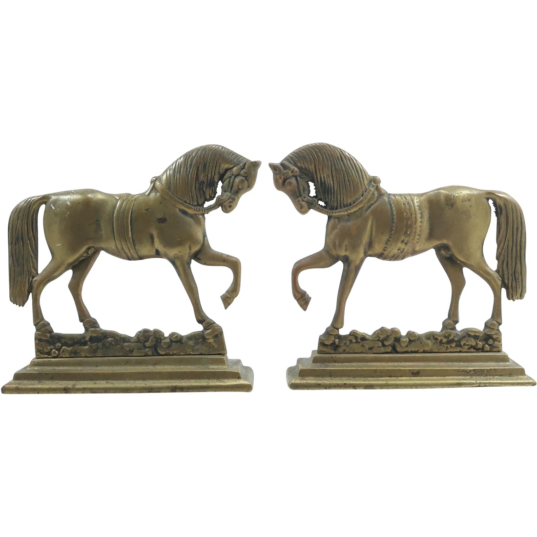 Pair Cast Brass Equestrian Trotting Horse Statue Figure Bookends - Original Patina (1 of 19)