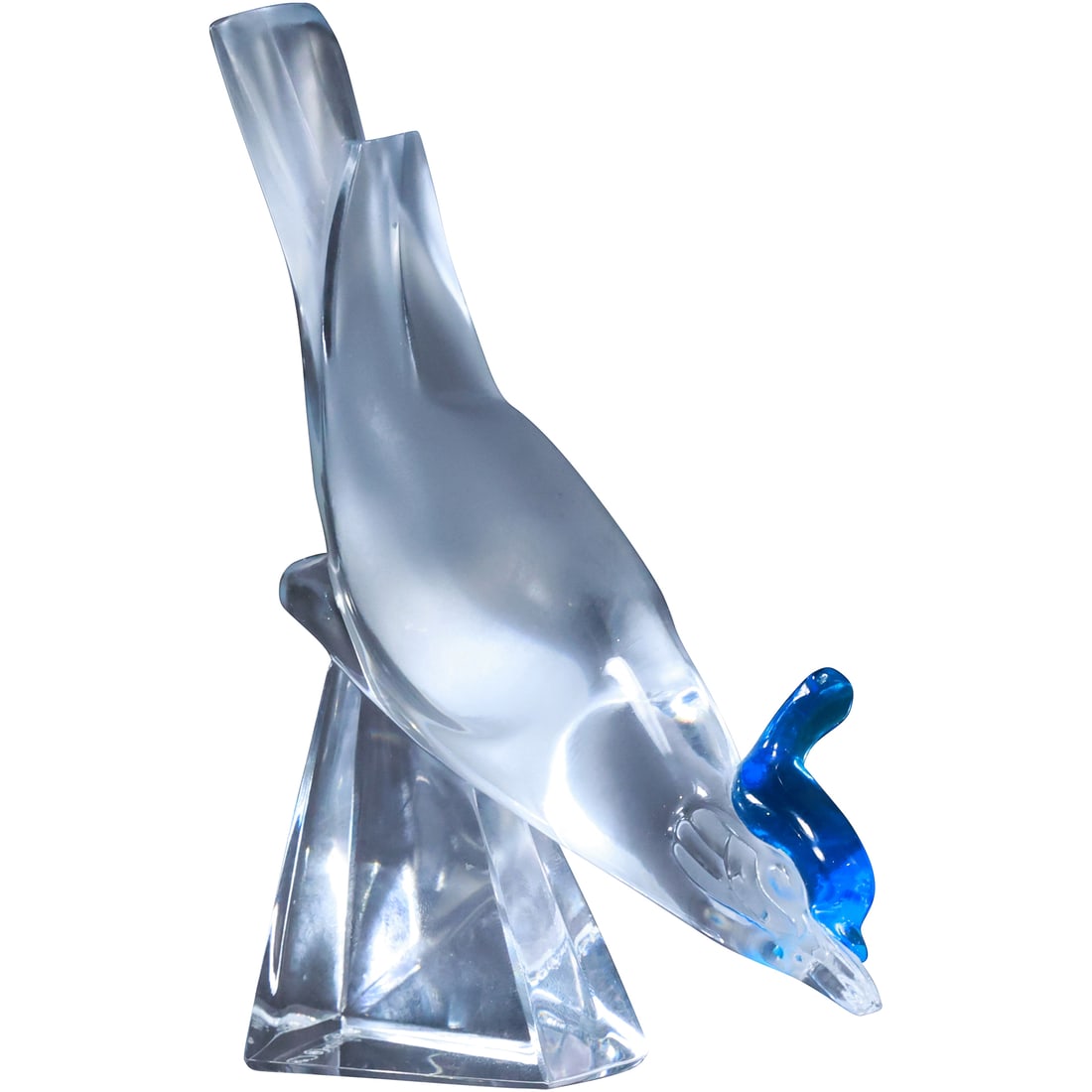 Signed LALIQUE FRANCE Crystal Glass BIRD WITH BLUE CROWN Sculpture 5.5 in. height: Signed LALIQUE FRANCE Crystal Glass BIRD WITH BLUE CROWN Sculpture 5.5 in. height. size: 5.5 in. x 3.5 in.