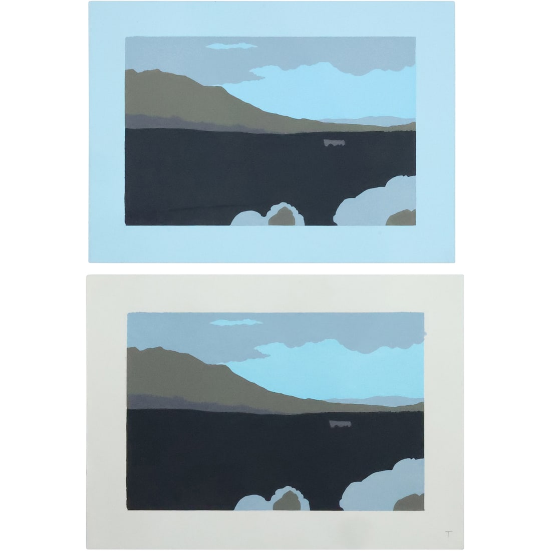 [2] Robert Angeloch, 4-Color Woodcut, Hudson River Valley, one on white paper, other blue paper: [2] Robert Angeloch, 4-Color Woodcut, Hudson River Valley, one on white paper, other blue paper. Unsigned. Provenance: from the estate of the artist Woodstock New York. Well Listed American Artist. si