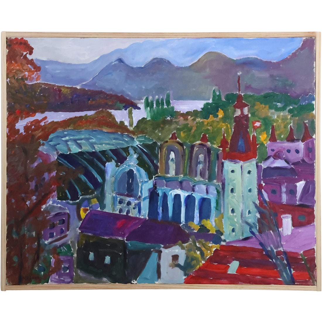 Herman Zuker, b.1959 Polish American, Acrylic Painting "Swiss Alps - View Near Lucerne": Herman Zuker, b.1959 Polish American, Acrylic Painting on canvas, "Swiss Alps - View Near Lucerne". Signed, circa 1995. size: 24 x 30, 25 x 31 outside frame