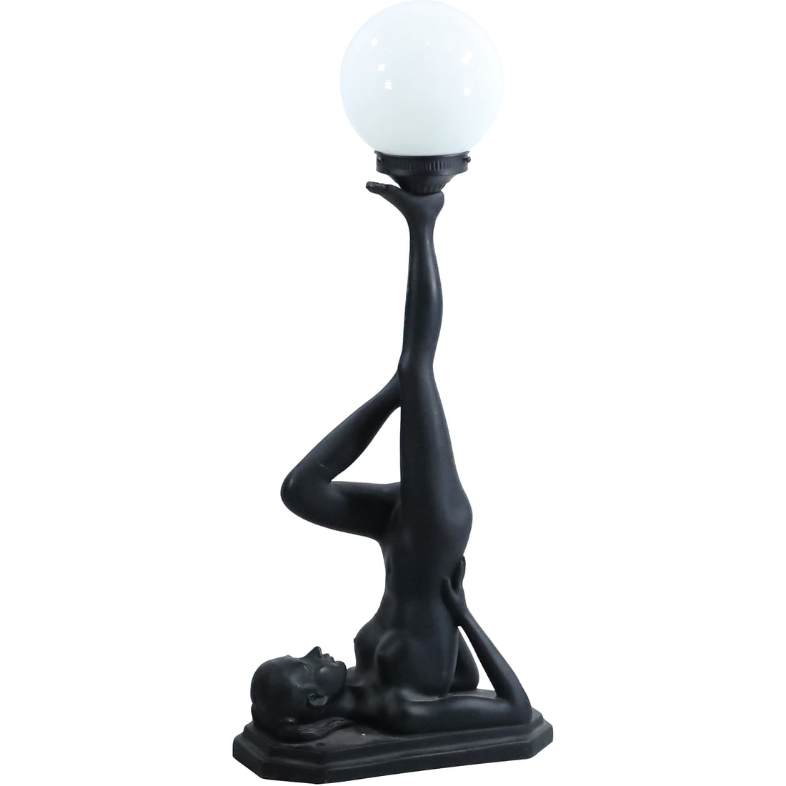 Art Deco Style Nude Woman on Her Back Feet in Air Table Lamp, White Glass Ball Shade 27.5 in. h.: Art Deco Style Nude Woman on Her Back Feet in Air Table Lamp, White Glass Ball Shade 27.5 in. height. size: 27.5 in. x 11.5 in. x 6.5 in.