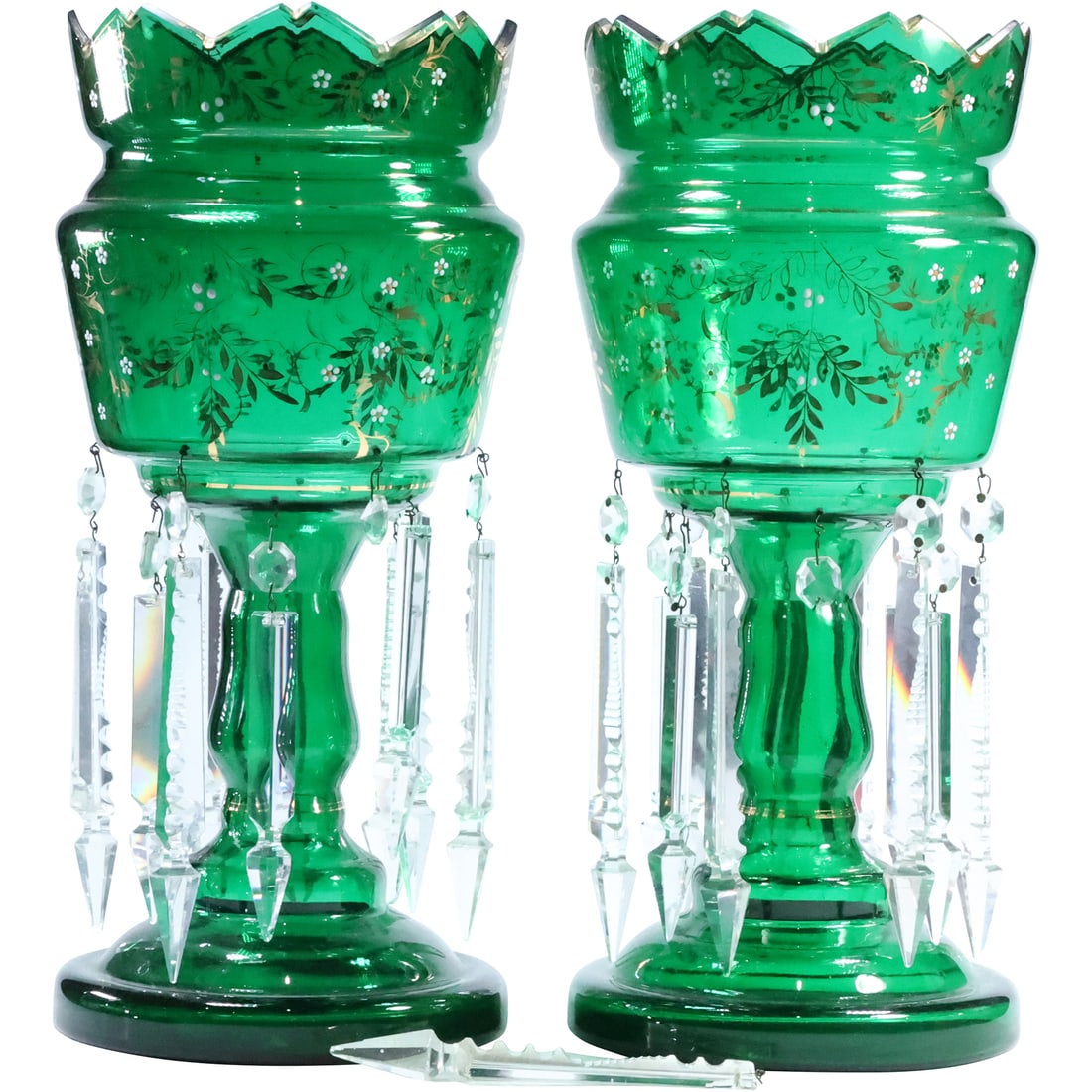 Pair 19th C. Victorian Bohemian Emerald Green Glass Lustres with Crystal Glass Prisms 14.75 in. h. (1 of 20)