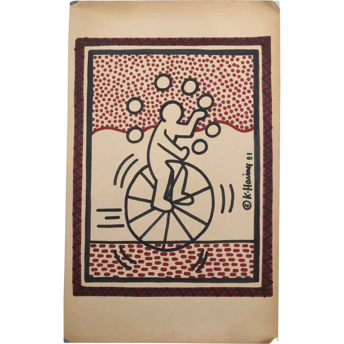 Keith Haring 1981, Felt Tip Artwork, Juggler on Big Bicycle Wheel (1 of 20)