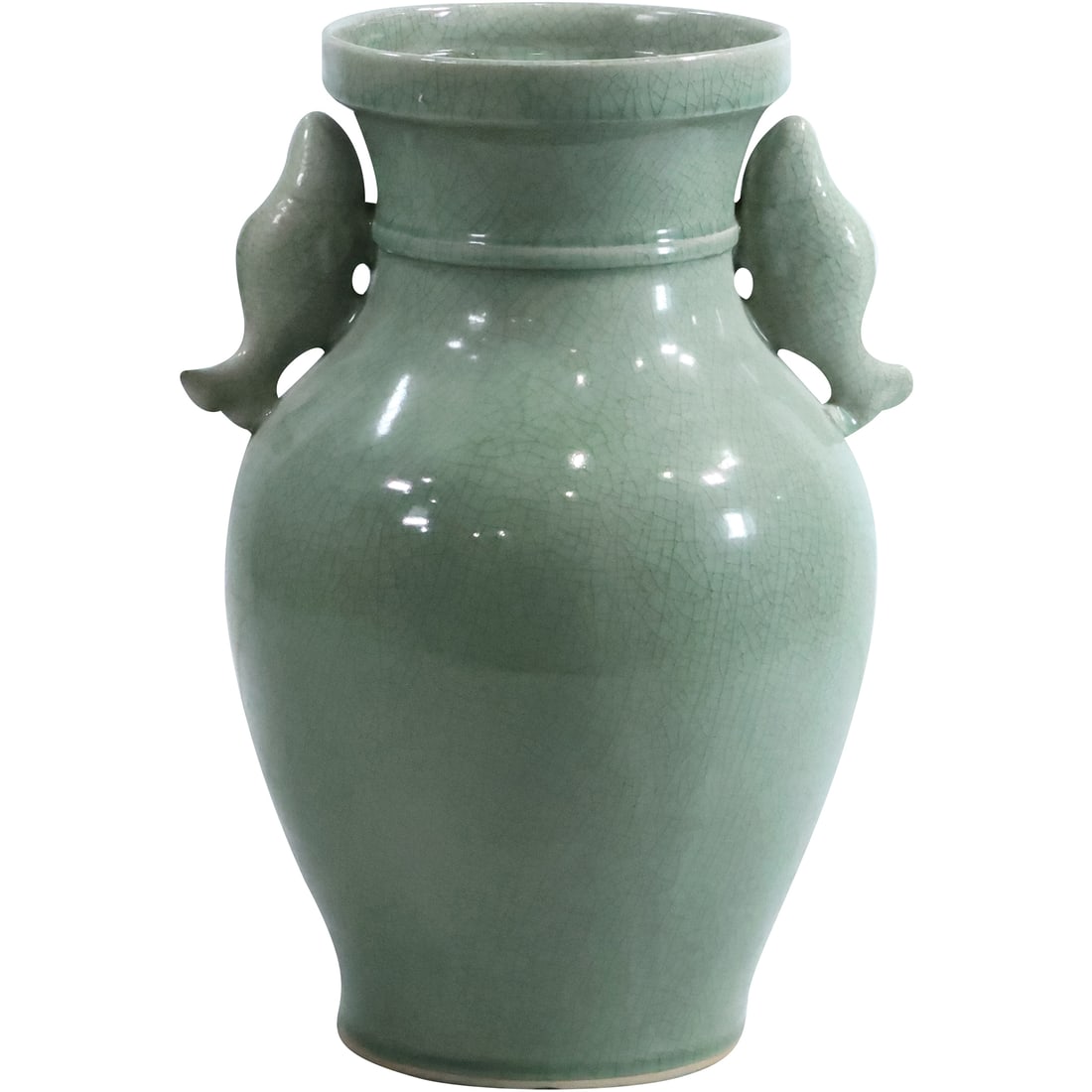 Tall Green Celadon Pottery Vase with Stylized Fish Handles 19 inches height x 12.5 inches wide (1 of 20)