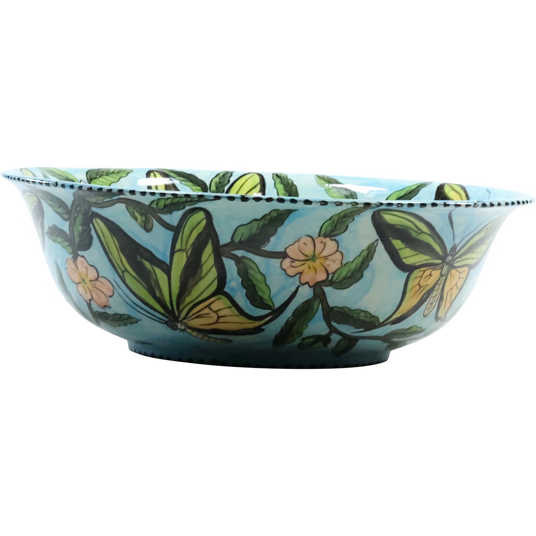 Water Berry African ceramic bowl with glazed floral and butterfly decoration, Zimbabwe 11 in. dia,: Water Berry African ceramic bowl with glazed floral and butterfly decoration, the base marked "Hand Painted in Zimbabwe". size: 3.5 x 11
