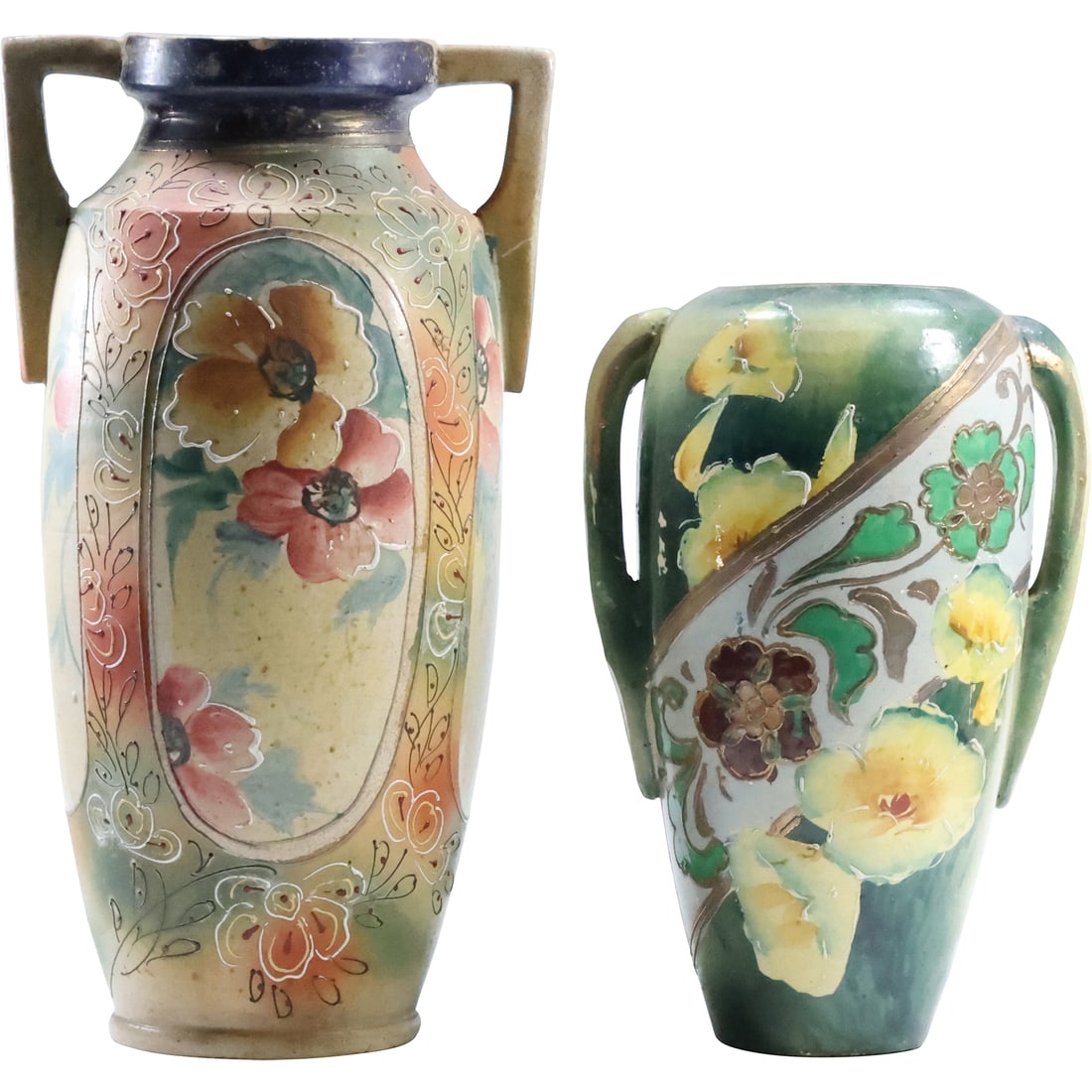 [2] Circa 1920s Japanese Satsuma Ceramic Pottery Vases Decorated Floral 9.5 in. & 12.5 in. heights (1 of 20)