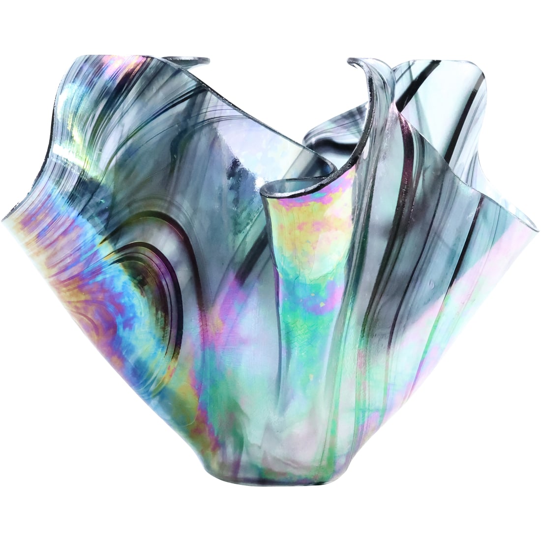 Signed Parrish, Iridescent Studio Art Glass Handkerchief Vase 7.5 in. height x 10 in. wide: Signed Parrish, Iridescent Studio Art Glass Handkerchief Vase 7.5 in. height x 10 in. wide. size: 7.5 x 10 x 8.5