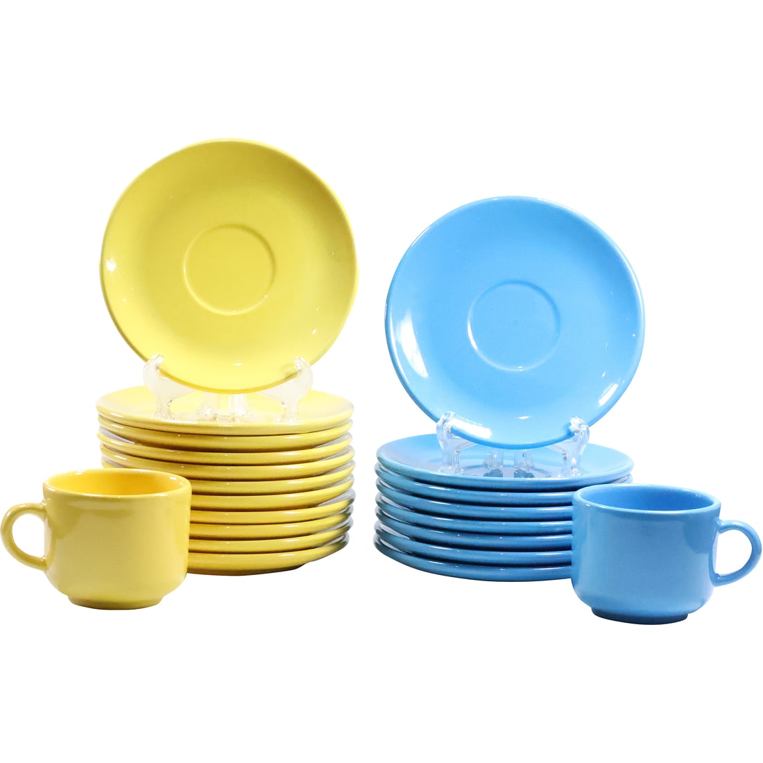 33 Pieces Italian Ceramic Pottery Cups and Saucers Yellow and Blue: 33 Pieces Italian Ceramic Pottery Cups and Saucers Yellow and Blue. size: 9x yellow mugs (3 x 4.75 x 3.5), 5x blue mugs (3 x 4.75 x 3.5), 11x yellow plates (.75 x 6.5), 8x blue plates (.75 x 6.5)