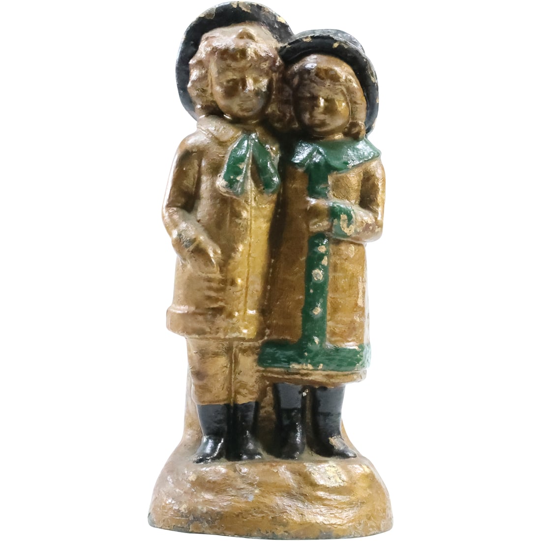 Antique Cast Metal SISTERS Figurative Doorstop in Original Paint Finish 8.25 in. height: Antique Cast Metal SISTERS Figurative Doorstop in Original Paint . Finish 8.25 in. height size: 8.25 x 4 x 3