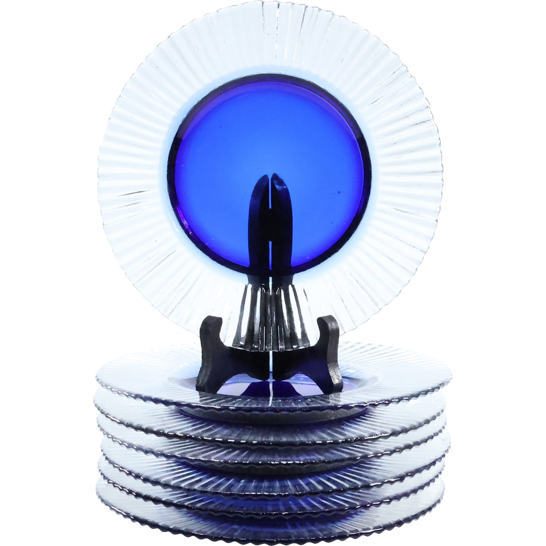 Set of 7 Ribbed Border Glass Luncheon Plates with Cobalt Blue Center 8 in. diameter: Set of 7 Ribbed Border Glass Luncheon Plates with Cobalt Blue Center 8 in. diameter. size: .75 x 8