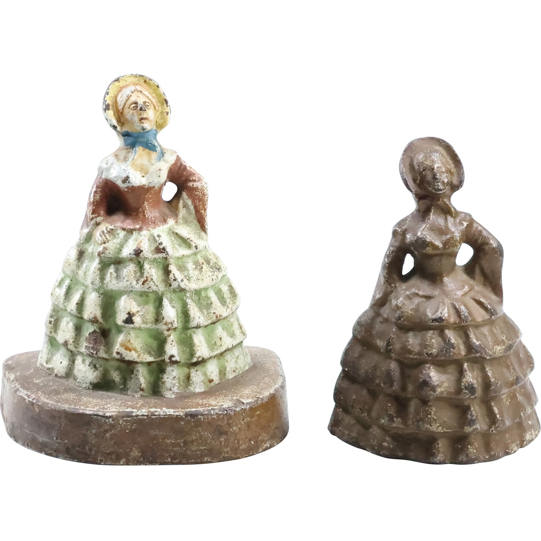 [2] Antique Hubley Cast Iron Figurative Doorstops "Southern Belle" Women in Bonnet & Dress: [2] Antique Hubley Cast Iron Figurative Doorstops "Southern Belle" Women in Bonnet & Dress. size: (5 x 3.5 x 3), 6 x 4.5 x 4)