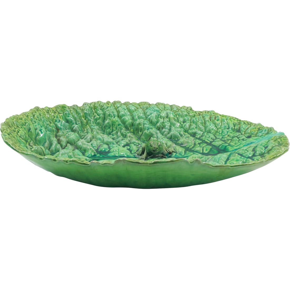 Majolica Green Cabbage Leaf Plate with FROG Figure 12 inches length (1 of 19)