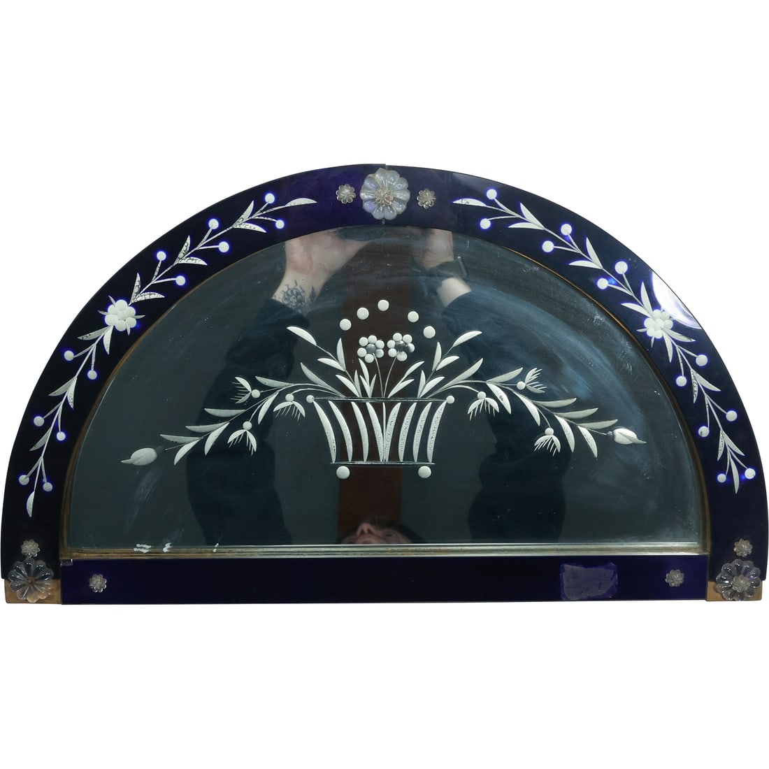 Art Deco Half Moon Etched Wall Mirror with Blue Mirror Paneled Borders 20 in. x 11.5 in. (1 of 16)