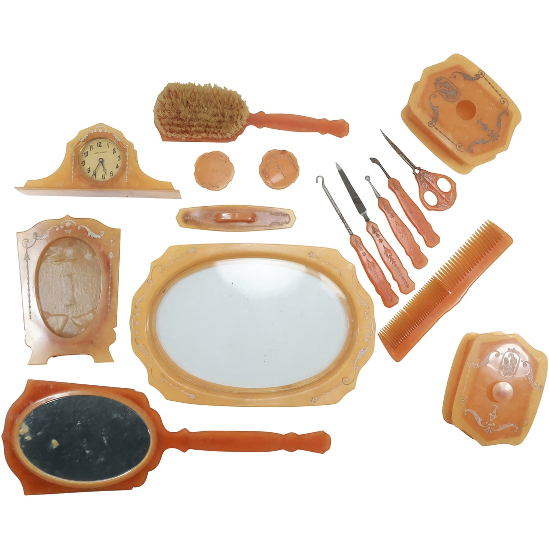 16 Pieces Assorted circa 1920s Celluloid Vanity Items, Accessories, Clock (1 of 20)