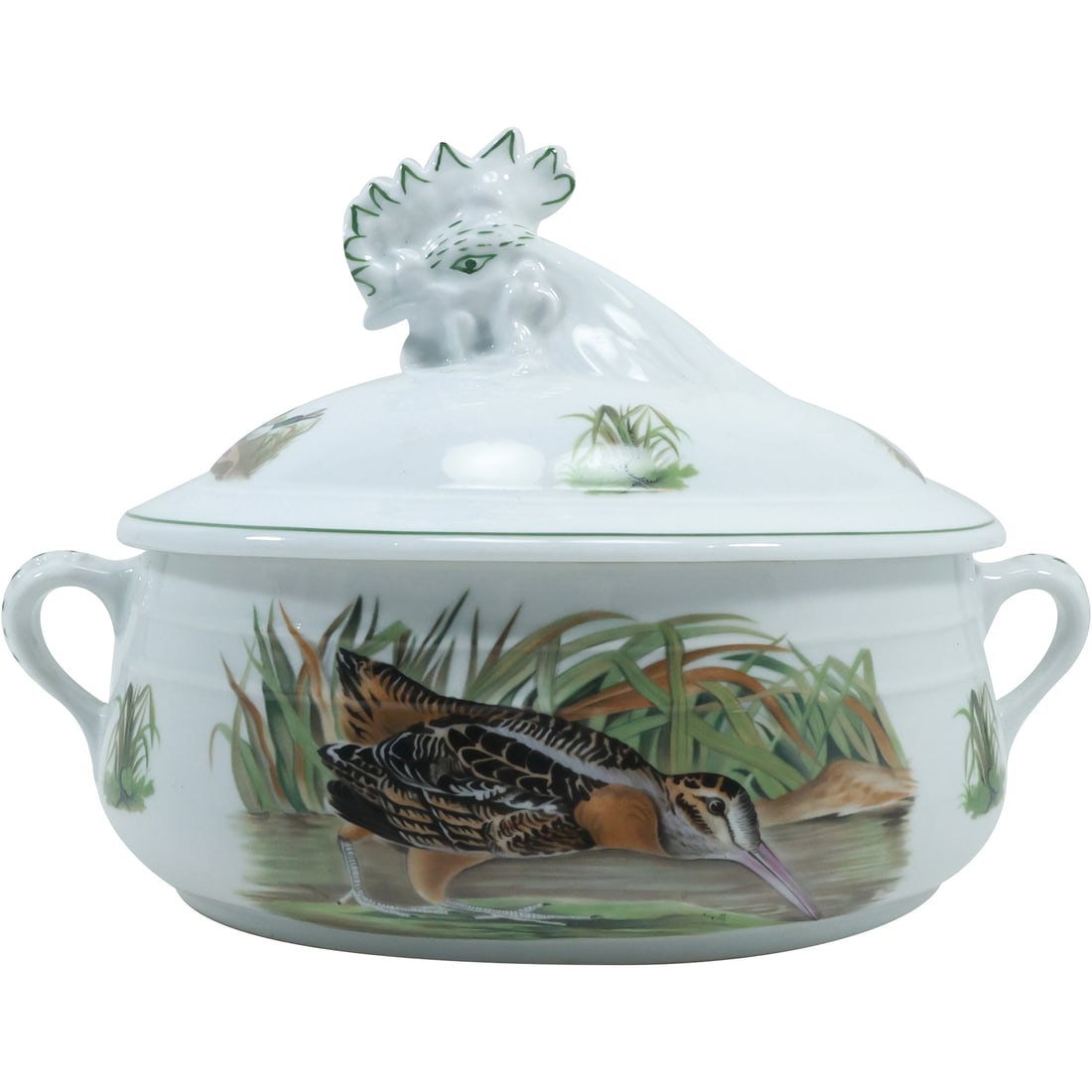 L Louriox "Le Faune" Fine Porcelain Rooster Casserole Dish with Audubon Scene 12.5 in. length: L Louriox "Le Faune" Fine Porcelain Rooster Casserole Dish with Audubon Scene 12.5 in. length. size: 9x12.5