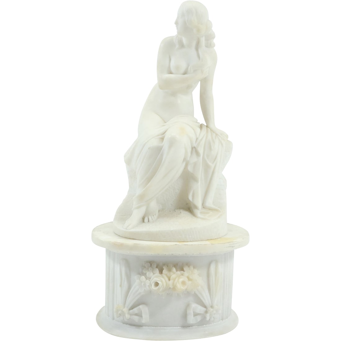 19th C. Carved Marble Sculpture on an Oval Marble Pedestal Base LA BAGNANTE [Bathing Girl] (1 of 20)