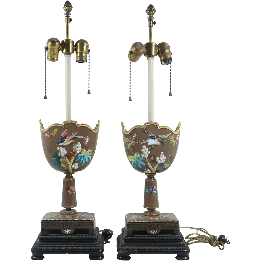 Fabulous Pair 19th C. Victorian Chocolate Custard Glass Table Lamps Hand Painted Birds, Flowers (1 of 20)