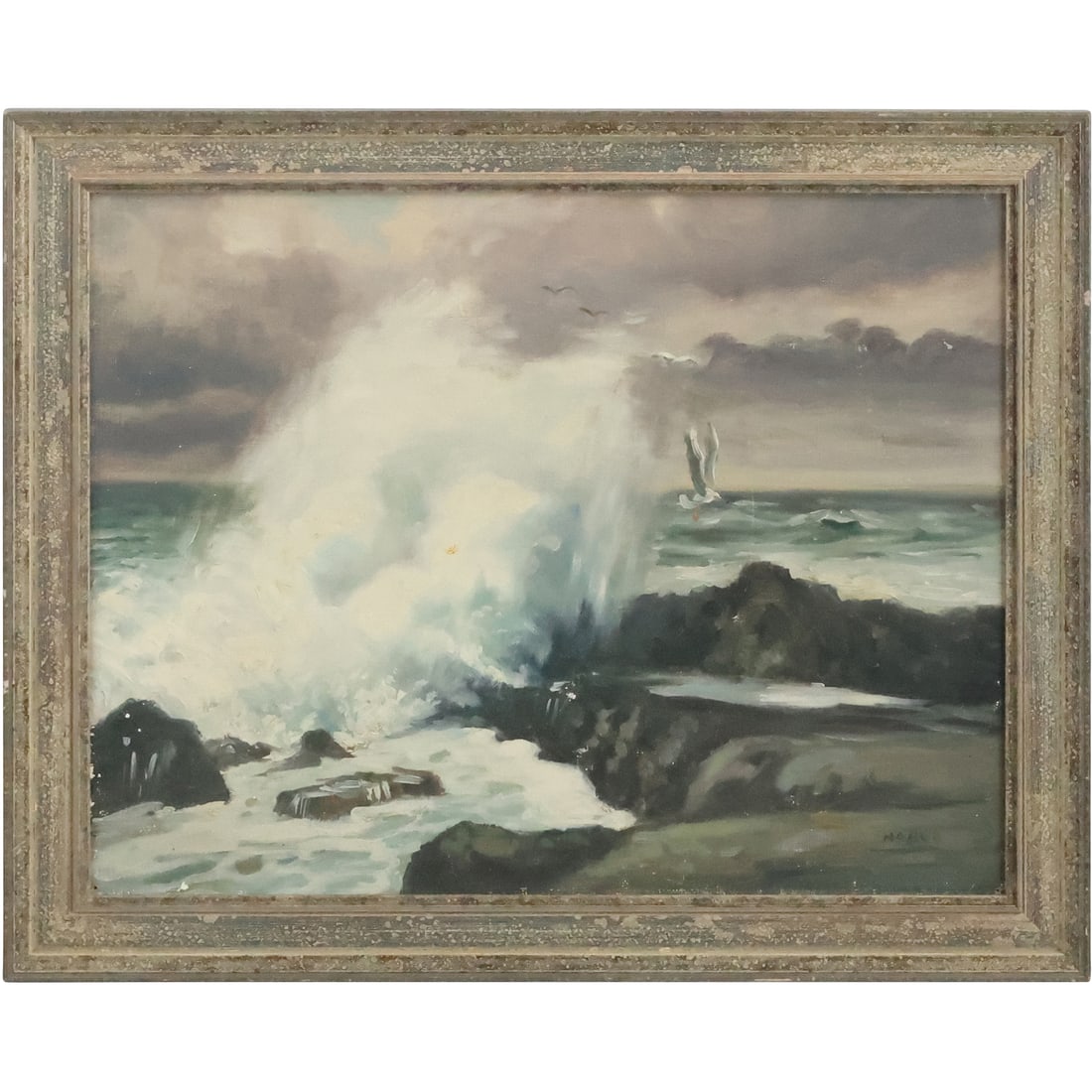 Signed Nobuo, Vintage Oil on Canvas Painting Crashing Waves Seascape, Framed (1 of 20)