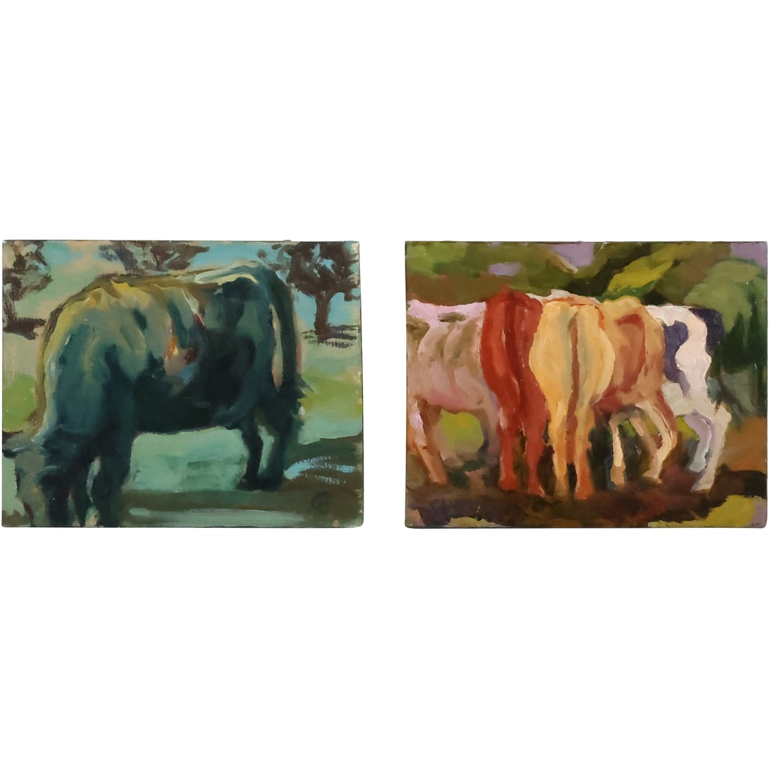 [2] Oil on Board Paintings Impressionist COWS Feeding 8 in. x 10 in.: [2] Oil on Board Paintings Impressionist COWS Feeding 8 in. x 10 in. size: 8 x 10