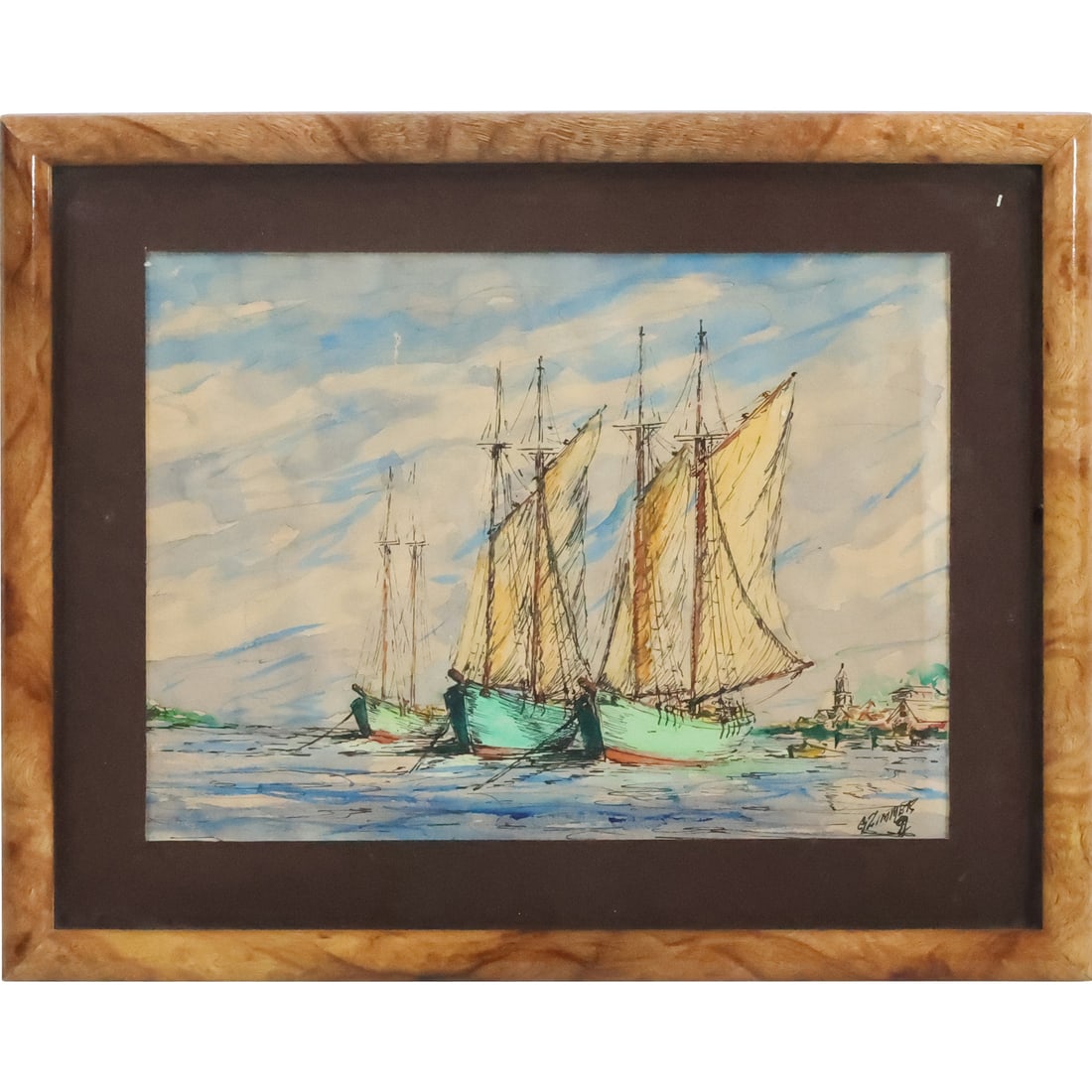 G Zimmer, Watercolor Painting, Sail Boats in Harbor, Framed: G Zimmer, Watercolor Painting, Sail Boats in Harbor, Framed. size: 8 x 11 matte, 12 x 15 outside frame