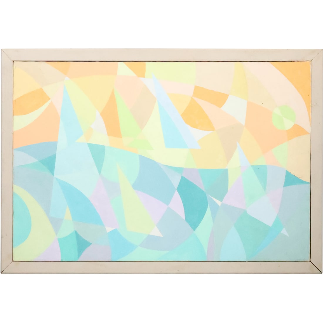 Mid-Century Modern Oil Painting on Canvas Cubistic Abstract in Pastel Colors, Framed: Mid-Century Modern Oil Painting on Canvas Cubistic Abstract in Pastel Colors, Framed. size: 24 in. x 36 in., 27.25 in. x 39.25 in. outside frame