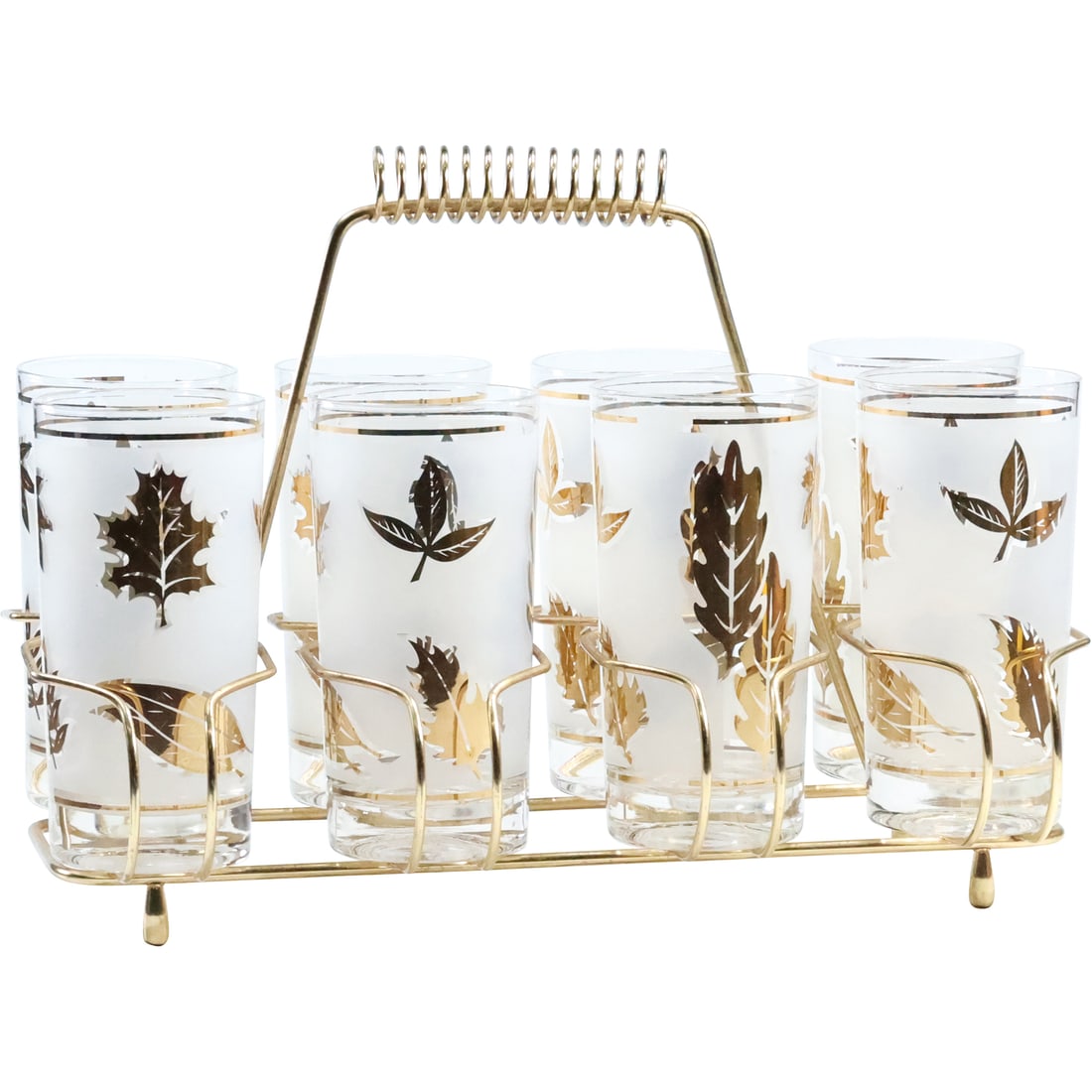 [8] Libby Glass Golden Leaves Drinking Glasses Barware in a Metal Caddy Holder (1 of 20)