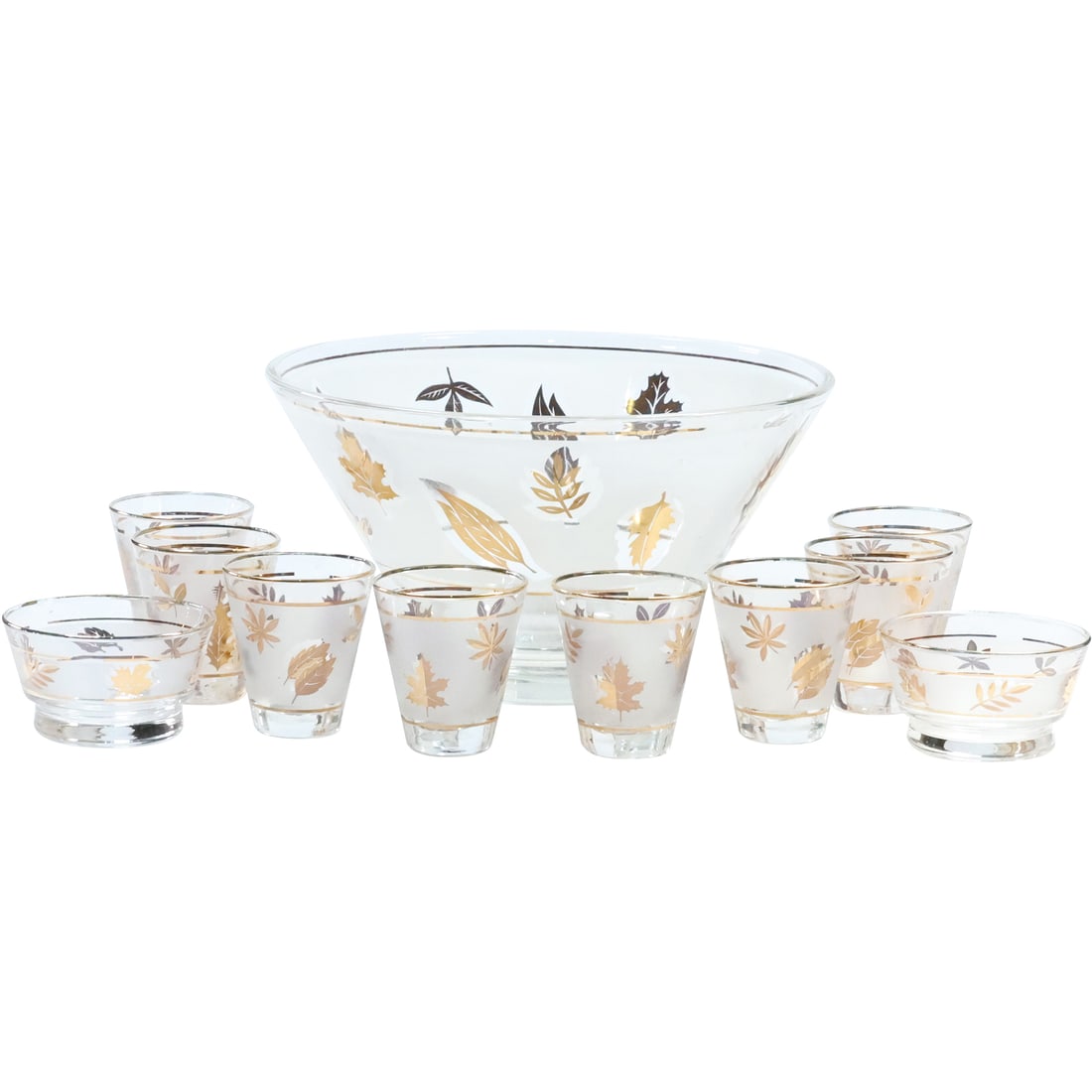 11 Pieces Assorted Libby Glass Gold Leaves Barware, Large Bowl, Cocktail Glasses in 2 Sizes: 11 Pieces Assorted Libby Glass Gold Leaves Barware, Large Bowl, Cocktail Glasses in 2 Sizes. size: 2x (2 x 3.75), 8x (3 x 2.75), 1x (6 x 10.75)