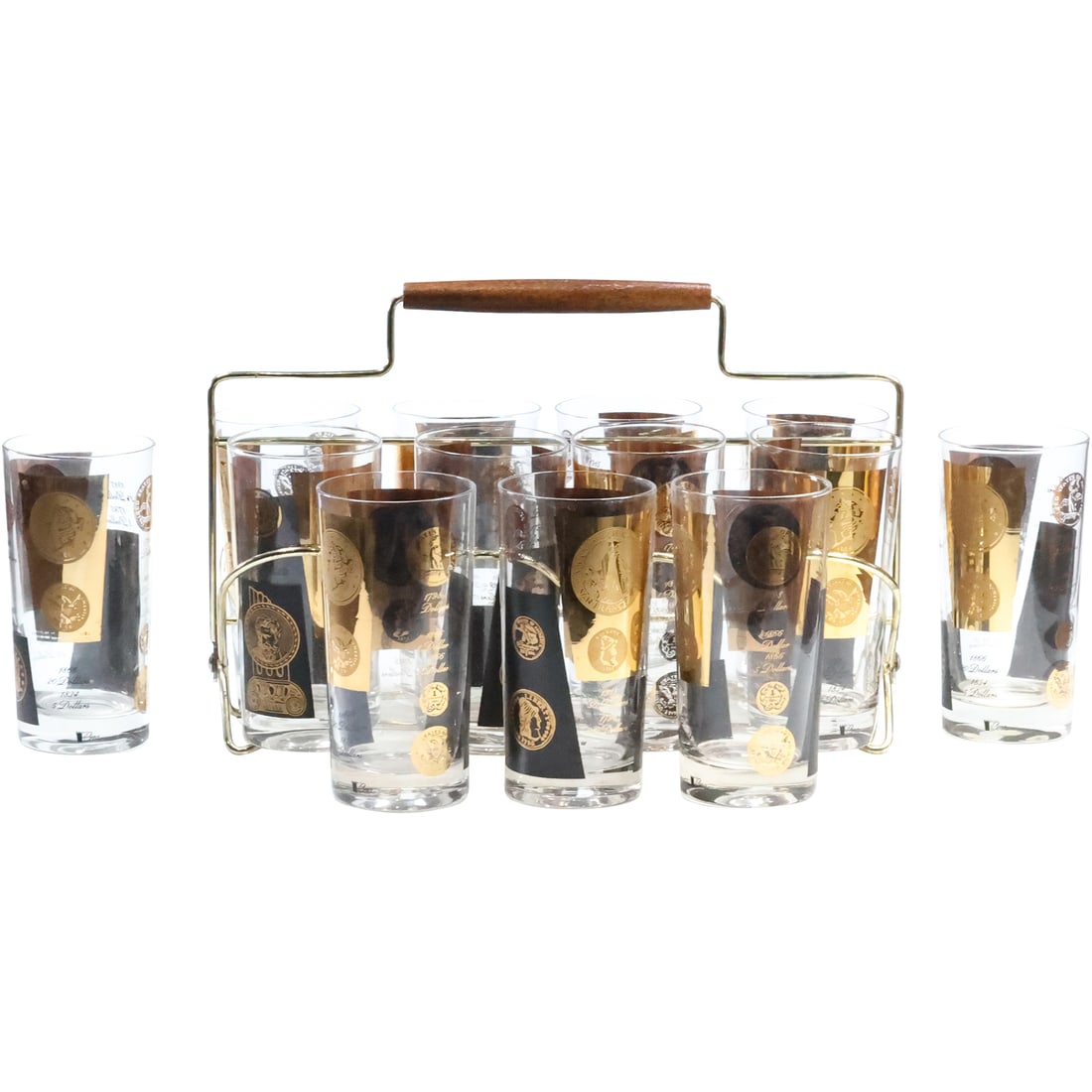 13 Mid-Century Modern Black & Gold Coin Motif Drinking Glasses with Metal Carrier Barware: 13 Mi-Century Modern Black & Gold Coin Motif Drinking Glasses with Metal Carrier Barware. size: 13x glasses (5.5 x 3), carrier (8.5 x 12.75 x 6)