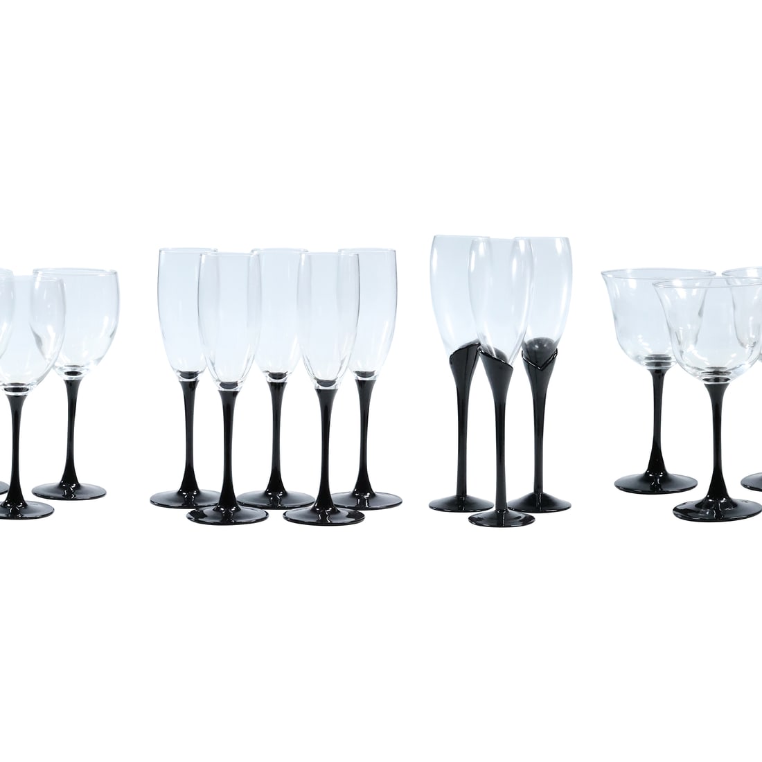 14 Pieces Black Stem Base Cocktail Glasses in 4 Different Sizes: 14 Pieces Black Stem Base Cocktail Glasses in 4 Different Sizes. aaa 3x glasses size: 7 x 3.75, aaa 3x glasses size: 10 x 2.25, aaa 5x glasses size: 8.75 x 2.75, aaa 3x glasses size: 8.25 x 3.25