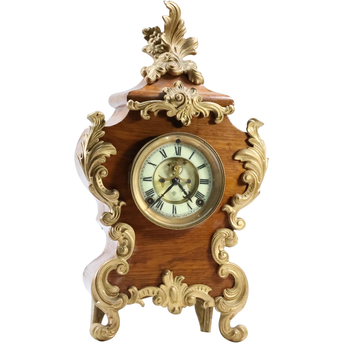 Ansonia Pat'd 1881, French Victorian Wood and Metal Cased Mantle Clock, Key & Pendulum (1 of 20)