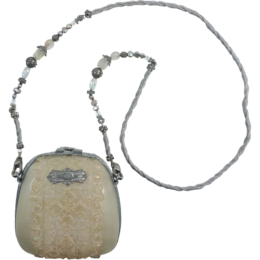 Maya Evangelist Resin Hard Composition Purse with Shoulder Chain: Maya Evangelist Resin Hard Composition Purse with Shoulder Chain. size: 5 in. x 5 in. , 5 in. x 19 in. (chain)