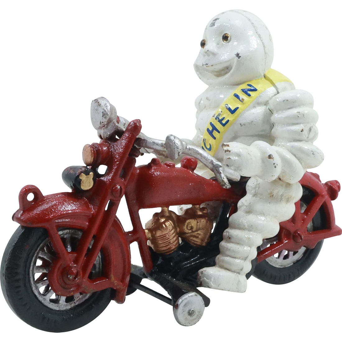 Novelty Cast Iron Michelin Tire Man on a Red Cast Iron Motorcycle in Original Paint 8.5 in. length (1 of 20)