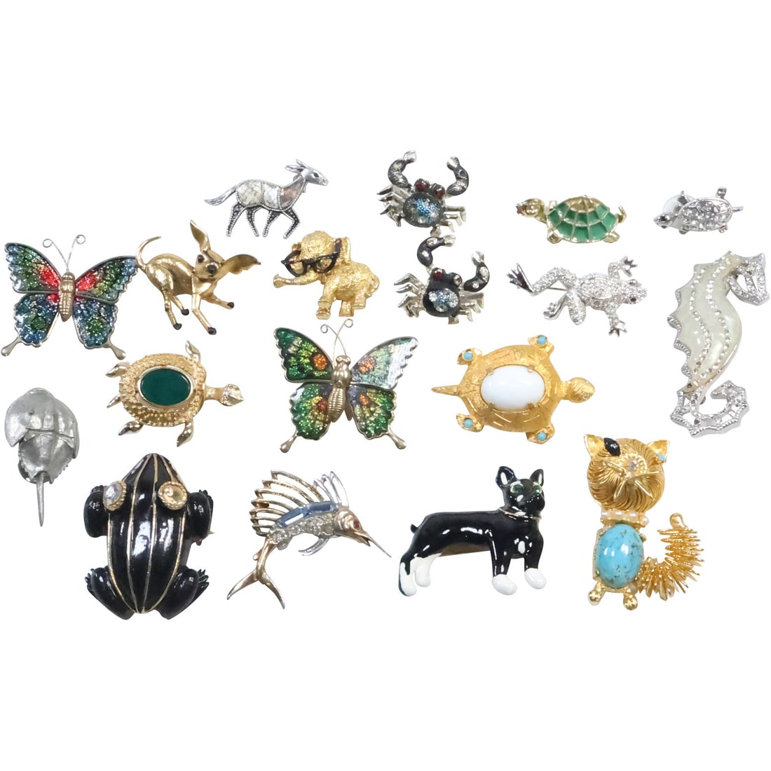 Estate Grouping 18 Assorted Figural and Animal Pins: Jeanne Black Enameled Frog, LC Turtle with Jade (1 of 19)