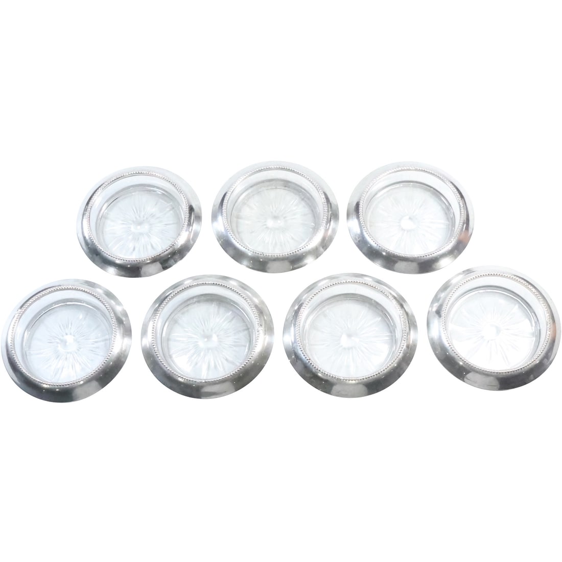 7 STERLING SILVER Rimmed Crystal Glass Coasters Vintage 3 7/8 in. x 1 in. (1 of 18)