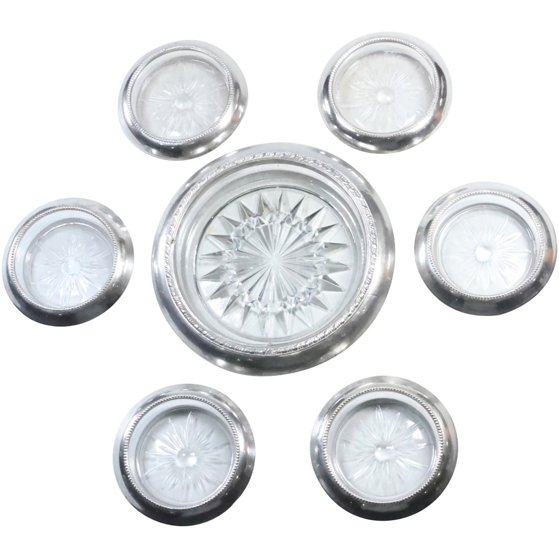 Sterling Silver Rim Crystal Glass Wine Bottle Coaster with 6 Sterling Rim Crystal Coasters: Sterling Silver Rim Crystal Glass Wine Bottle Coaster 1 1/4 in. x 6 3/4 in. with 6 Sterling Rim Crystal Coasters 3 7/8 in. x 1 in.