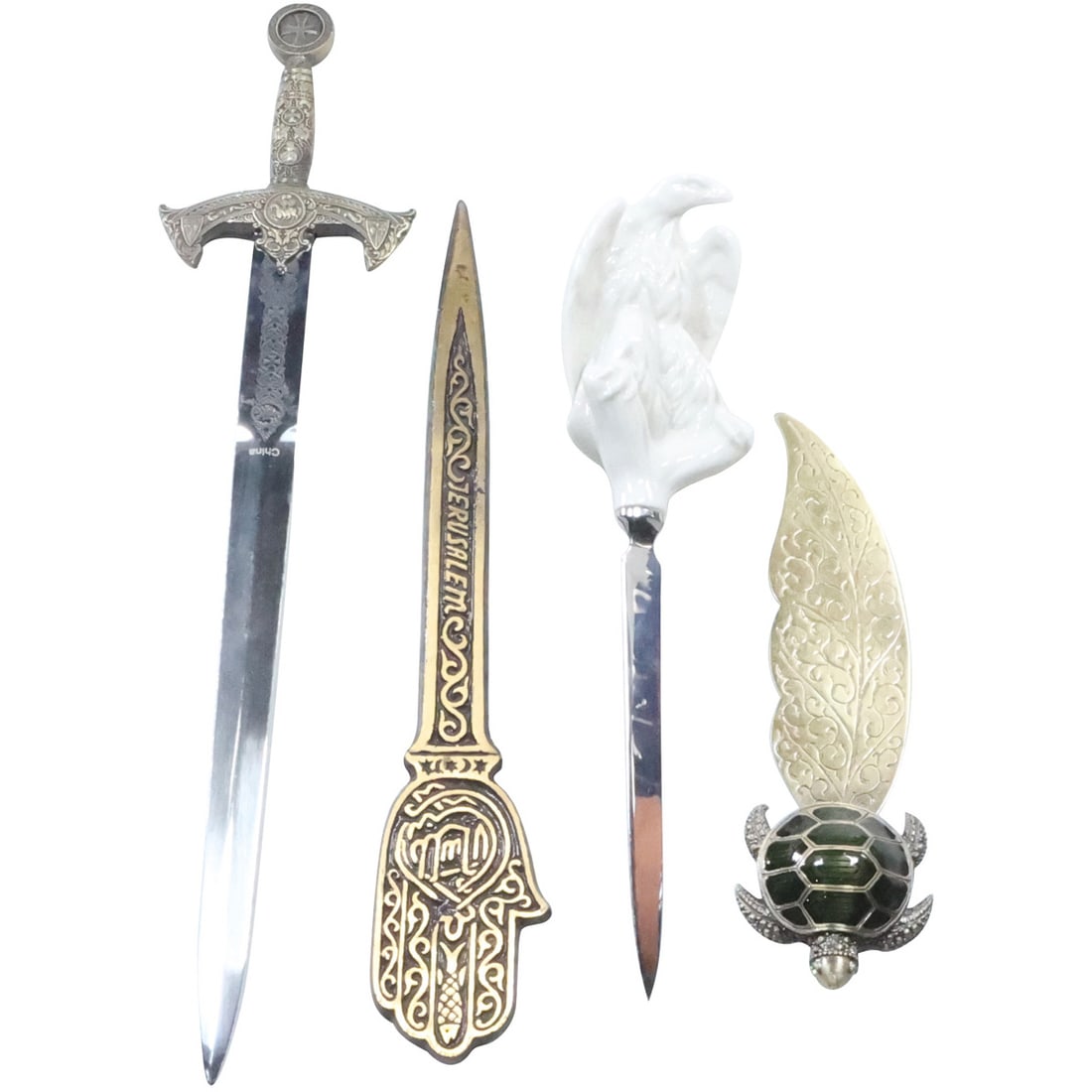 4 Assorted Letter Openers: Turtle; Jerusalem; Knight's Sword; Boehme Porcelain Eagle (1 of 20)