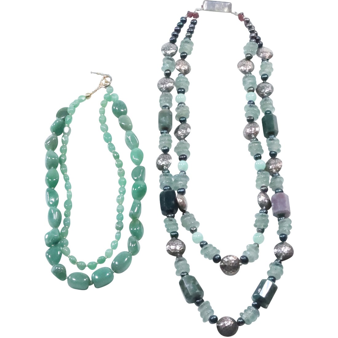 [2] 2-Strand Jade Necklace .925 Large Jadeite Clasp 17 in. x 1 in.; 2-Strand Egyptian Baroque Pearls (1 of 20)