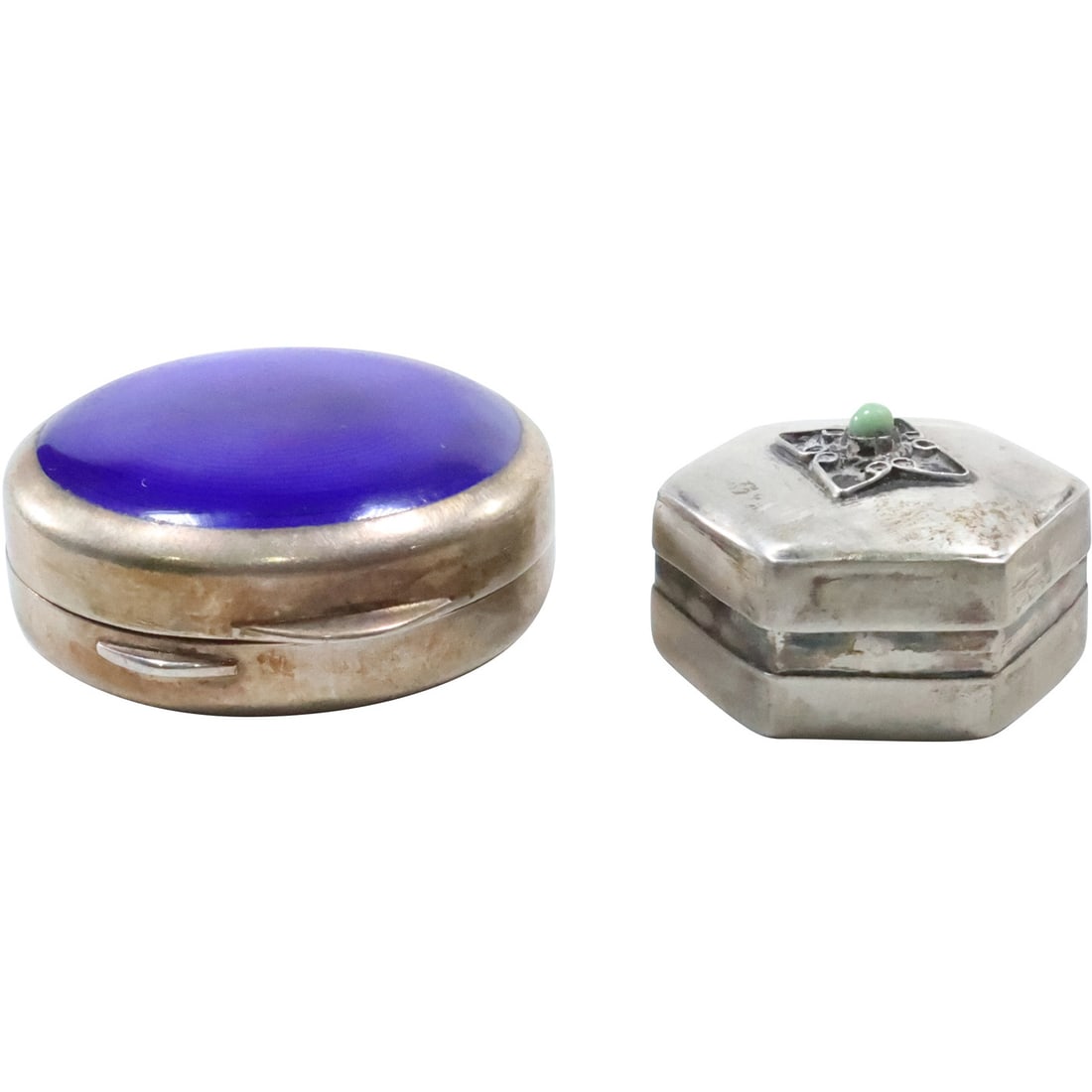 [2] CMP .925 Sterling Mexico Pill Box Turquoise Stone & 800 Silver Blue Enamel Trinket / Pill Box (1 of 16)