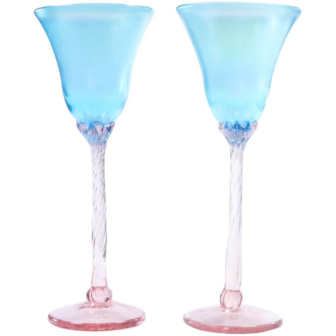 [2] Signed Rick Strini Hand Blown Art Glass Wine Goblets Iridescent Blue with Pink Stems: [2] Signed Rick Strini Hand Blown Art Glass Wine Goblets Iridescent Blue with Pink Stems Size 9 3/4 in. x 3 3/4 in.
