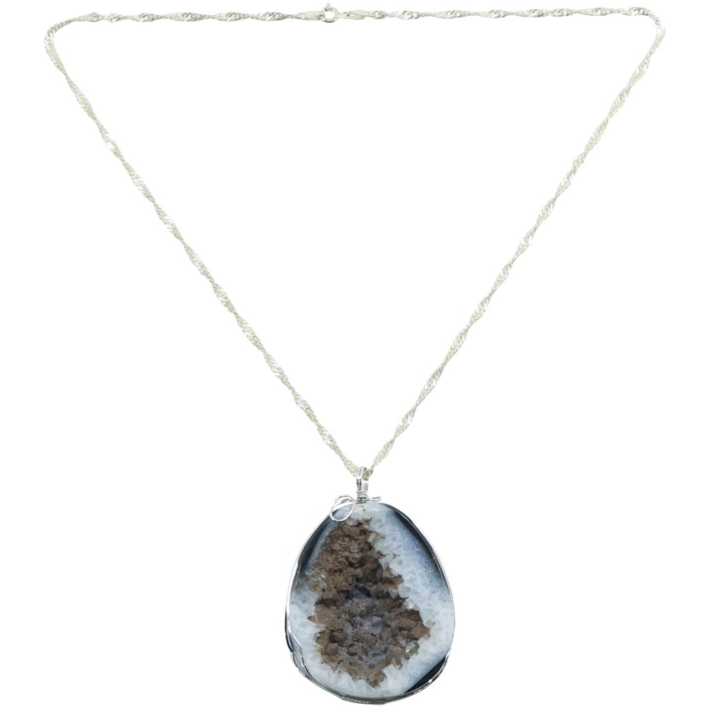.925 Sterling Silver 20 in. Chain with Wire Rimmed Geode Black Onyx Pendant 2 1/2 in. x 2 in. (1 of 17)