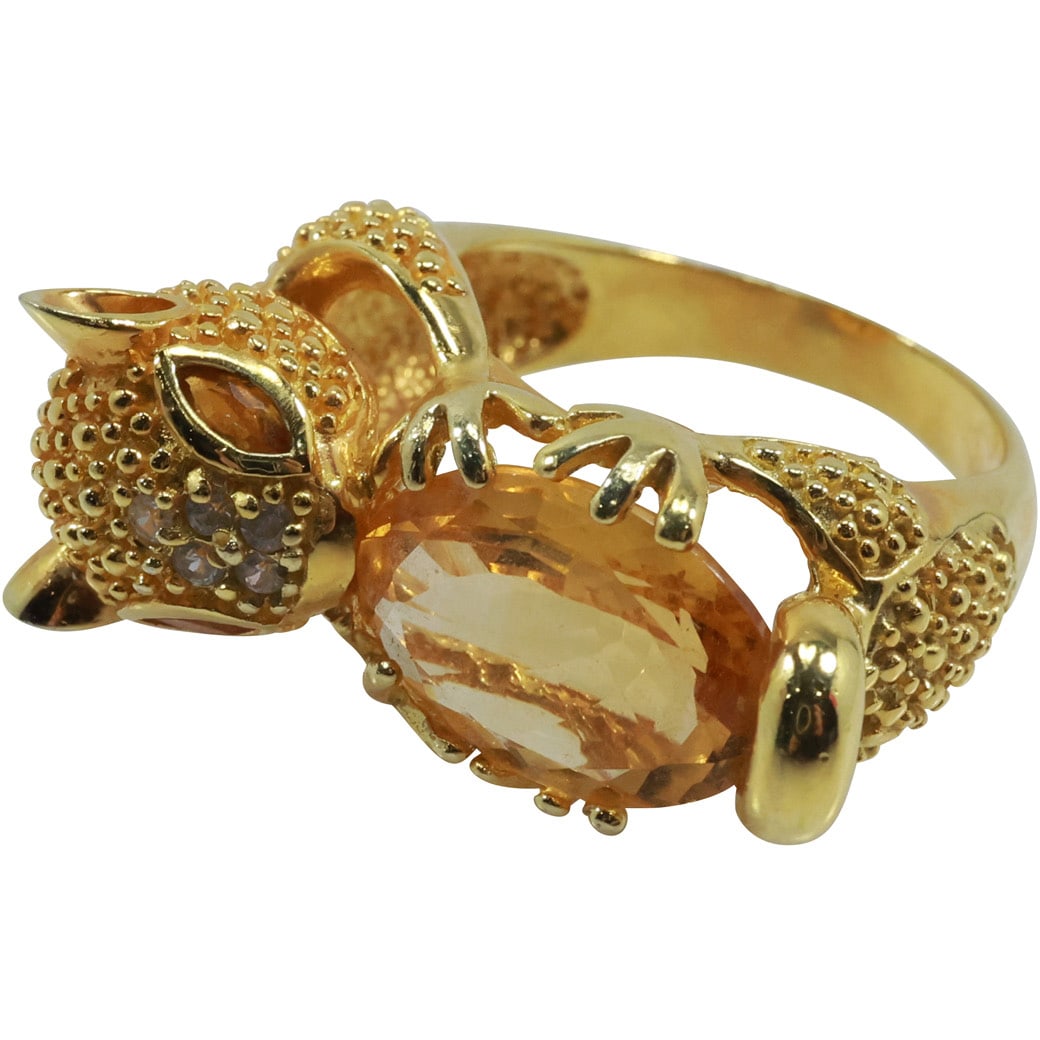 .925 Sterling Silver Vermeil Squirrel Holding Nut, Yellow Citrine & 5 Clear Spinels Ring Size 8 (1 of 12)