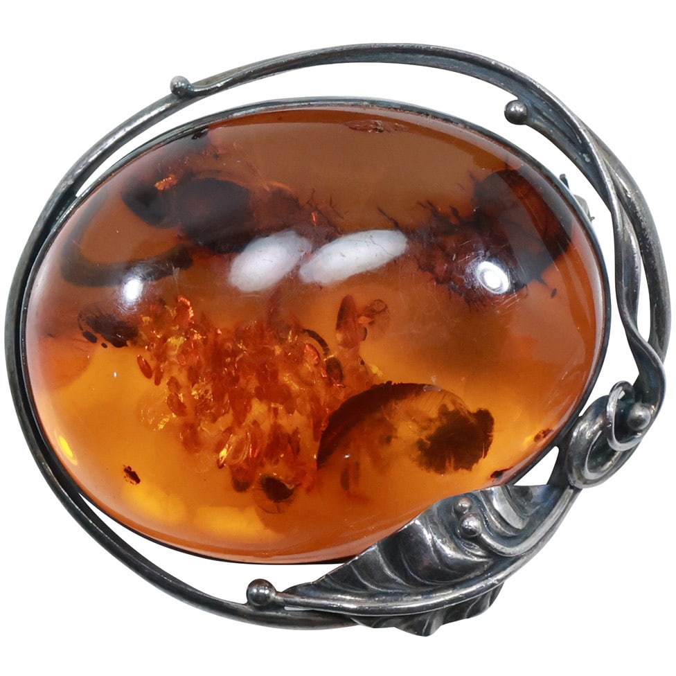 .925 Sterling Silver Amber with Internal Insect Remains with Sterling Leaf Design Frame Pin (1 of 15)
