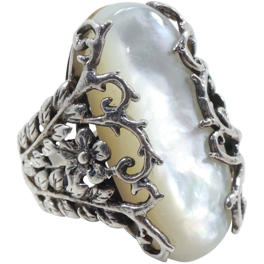 .925 Sterling Silver CF JTH Carved Floral Design Ring Stone Size 7.25, with Mother of Pearl. (1 of 15)