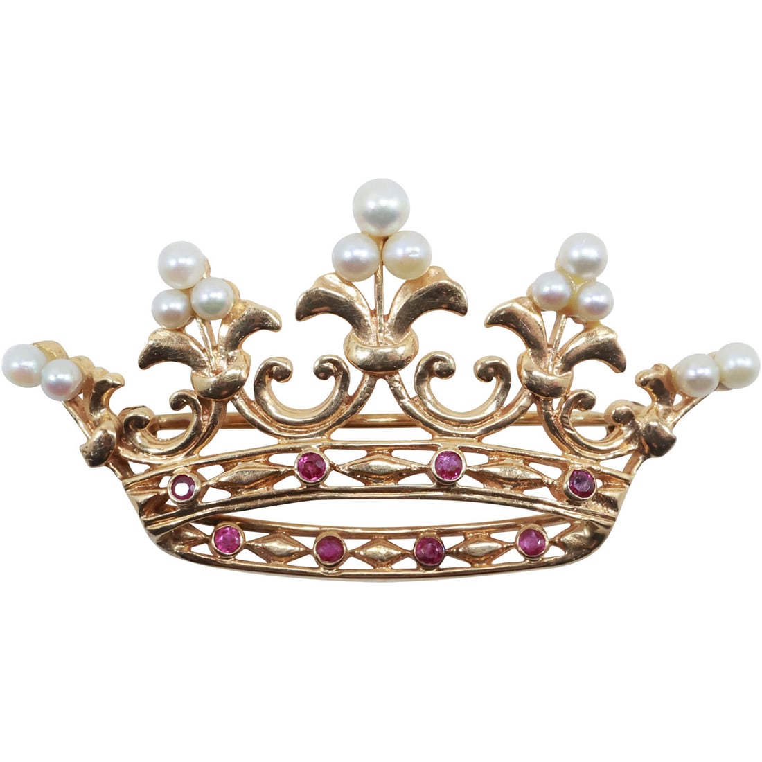 14K GOLD Pin Crown Adorned with Rubies and Freshwater Cultured Pearls 6.7 dwt, 2 1/4 in. x 1 1/4 in. (1 of 14)